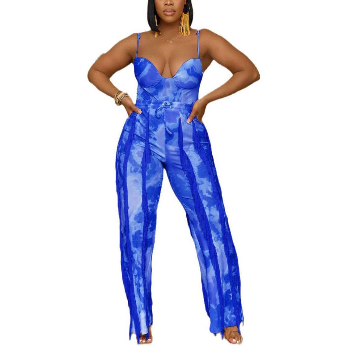 Printed Tassel Lace Sling Jumpsuit Two-piece Set